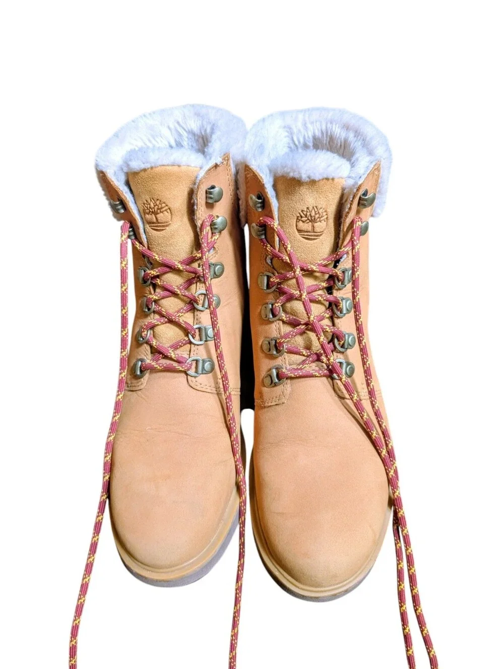 Timberland Kinsley Leather Wheat Tan Lace-Up Ankle Boots With Faux Fur Collar